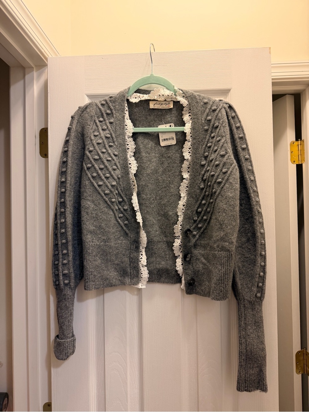 Free People Gray Knit Cardigan with Lace Trim